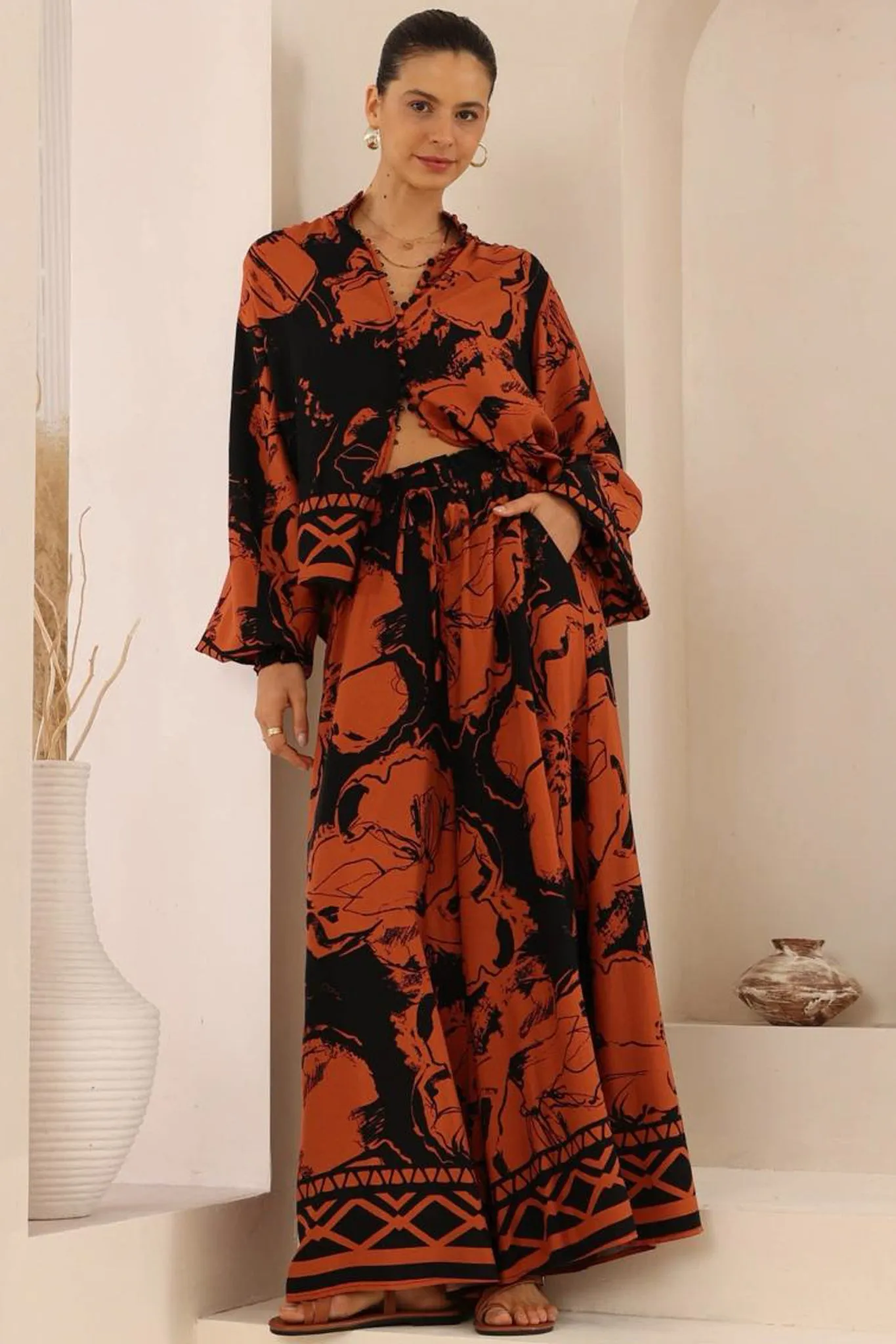 Faye Blouse - Mandarin Collar Balloon Sleeve Button Down Shirt in Joslyn Print sold by Salty Crush product image thumbnail 4