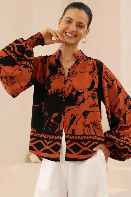 Faye Blouse - Mandarin Collar Balloon Sleeve Button Down Shirt in Joslyn Print sold by Salty Crush