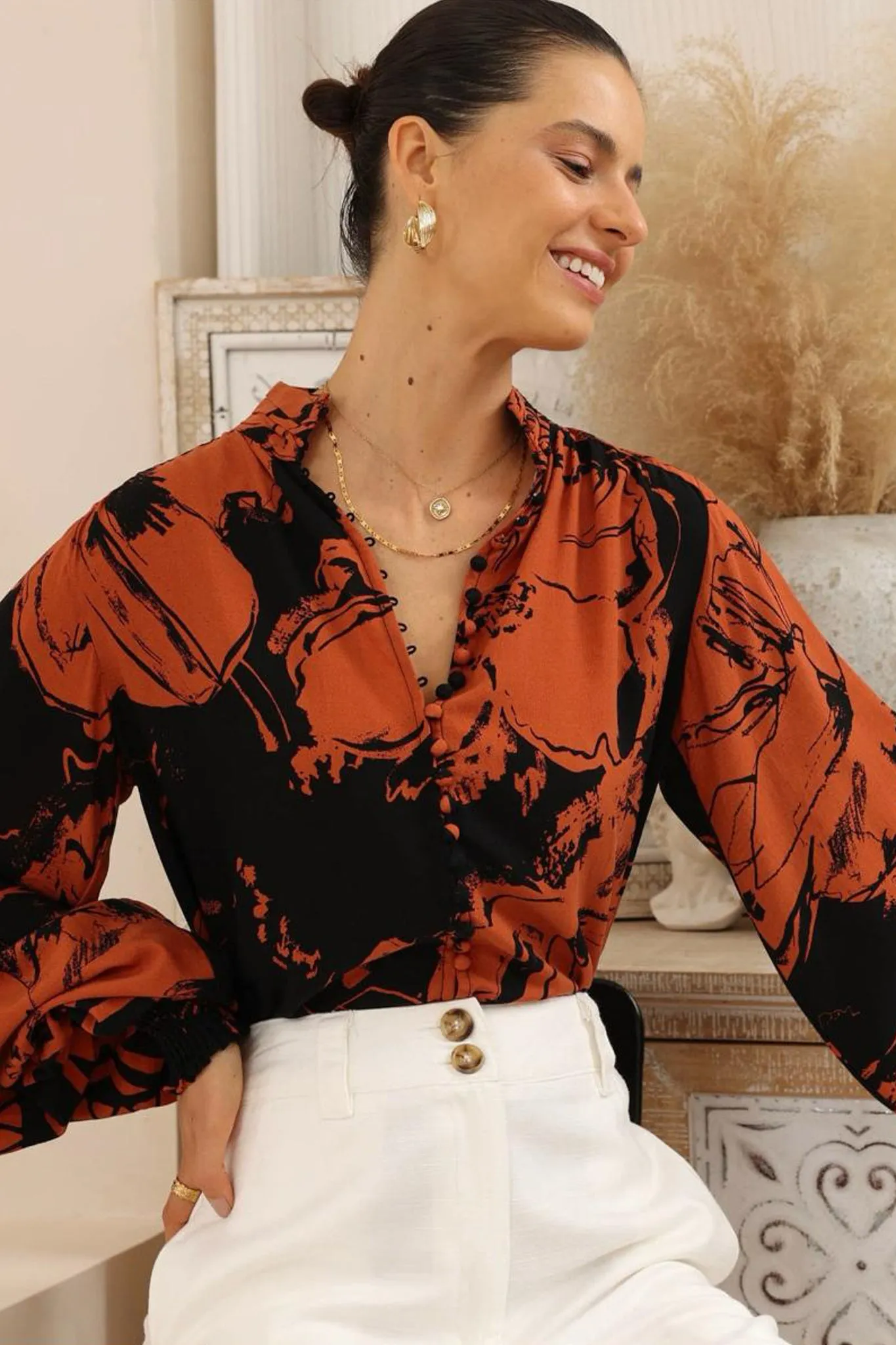 Faye Blouse - Mandarin Collar Balloon Sleeve Button Down Shirt in Joslyn Print sold by Salty Crush product image thumbnail 5