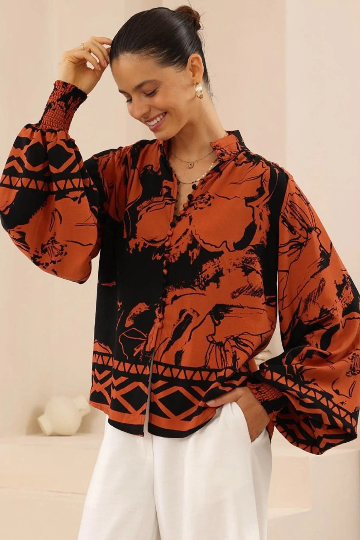 Faye Blouse - Mandarin Collar Balloon Sleeve Button Down Shirt in Joslyn Print sold by Salty Crush product image thumbnail 3