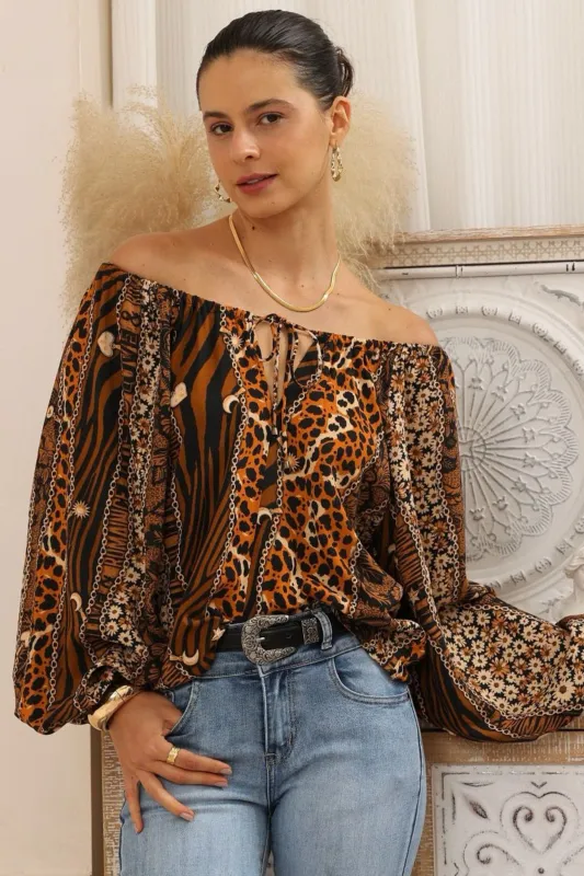 Ruby Blouse - Scoop Adustable Neckline Long Sleeve Blouse in Riley Print sold by Salty Crush