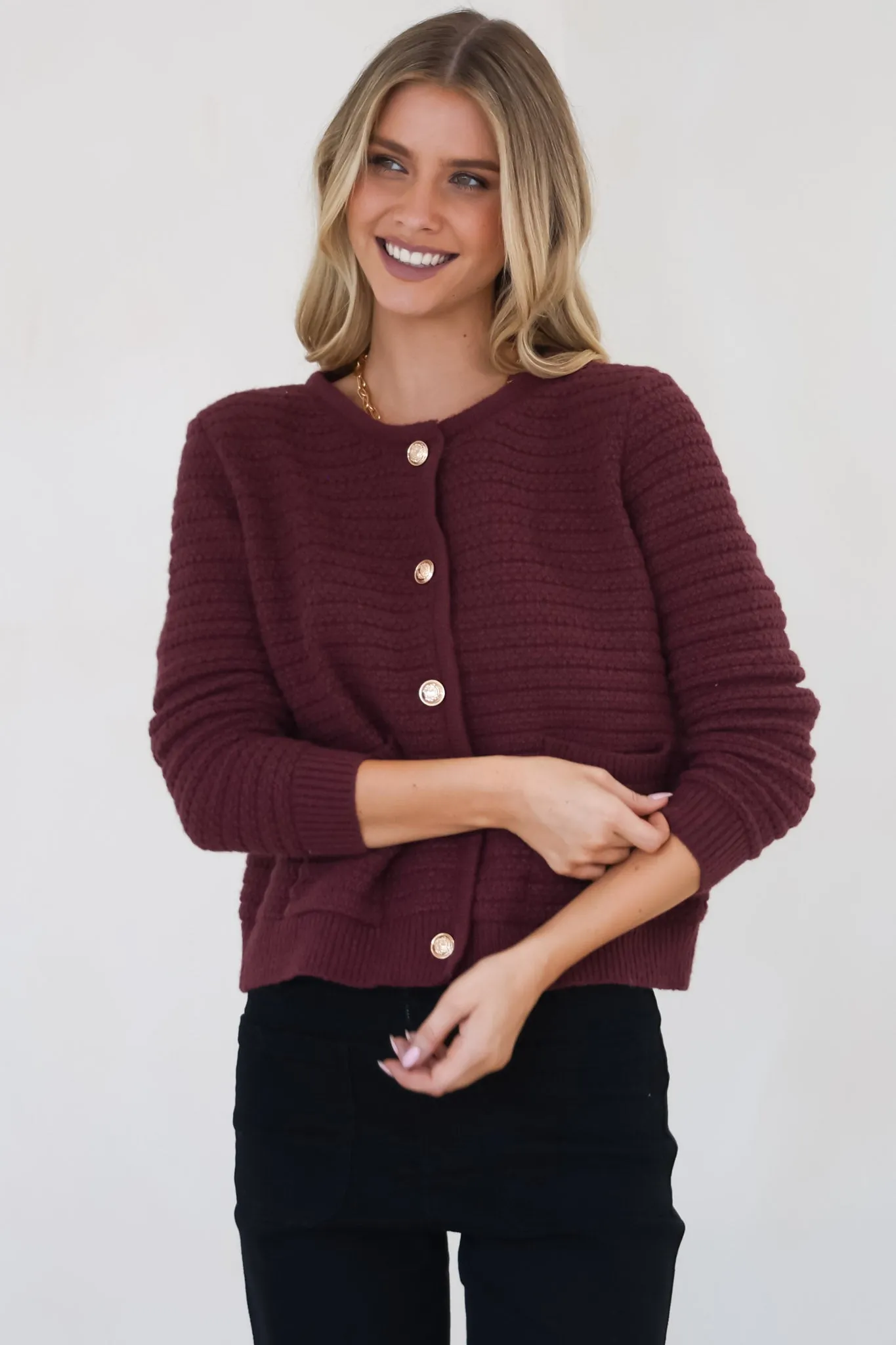 Dionne Cardigan - Thick Round Neck Gold Button Down Cardigan in Wine sold by Salty Crush product image thumbnail 3