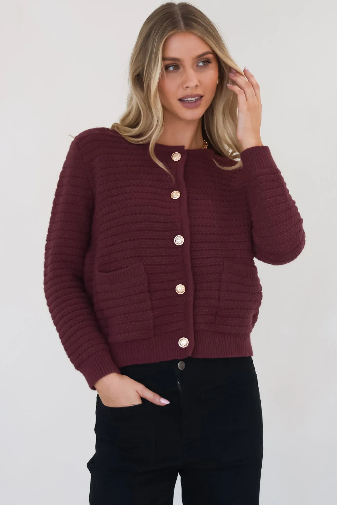 Dionne Cardigan - Thick Round Neck Gold Button Down Cardigan in Wine sold by Salty Crush product image thumbnail 4