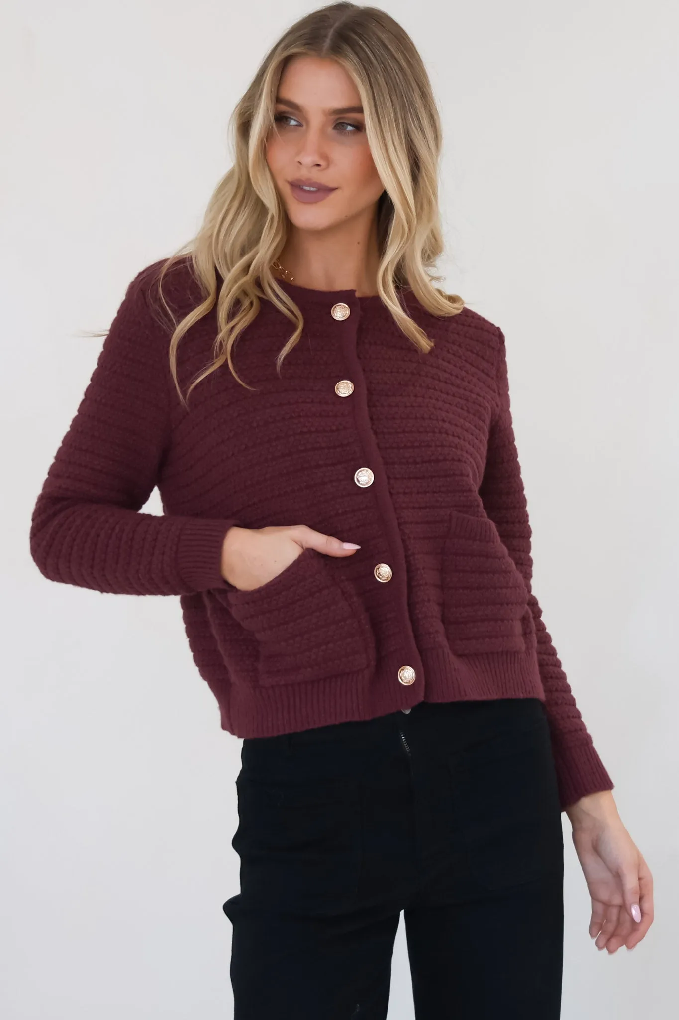 Dionne Cardigan - Thick Round Neck Gold Button Down Cardigan in Wine sold by Salty Crush