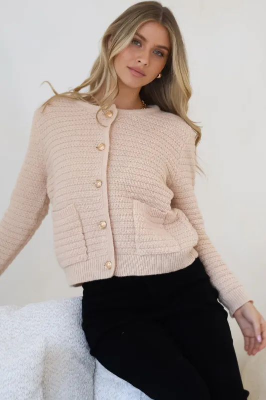 Dionne Cardigan - Thick Round Neck Gold Button Down Cardigan in Apricot sold by Salty Crush