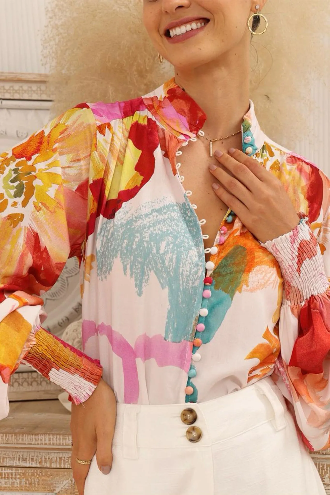 Faye Blouse - Mandarin Collar Balloon Sleeve Button Down Shirt in Millie Print sold by Salty Crush product image thumbnail 3