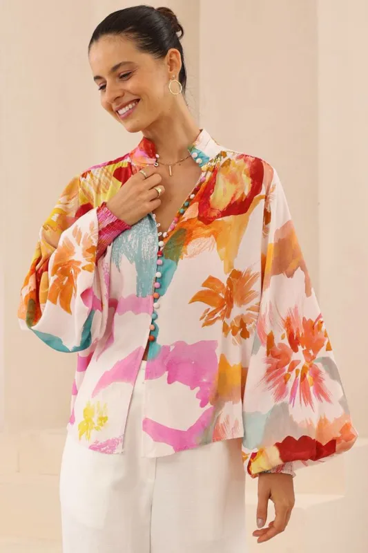 Faye Blouse - Mandarin Collar Balloon Sleeve Button Down Shirt in Millie Print sold by Salty Crush