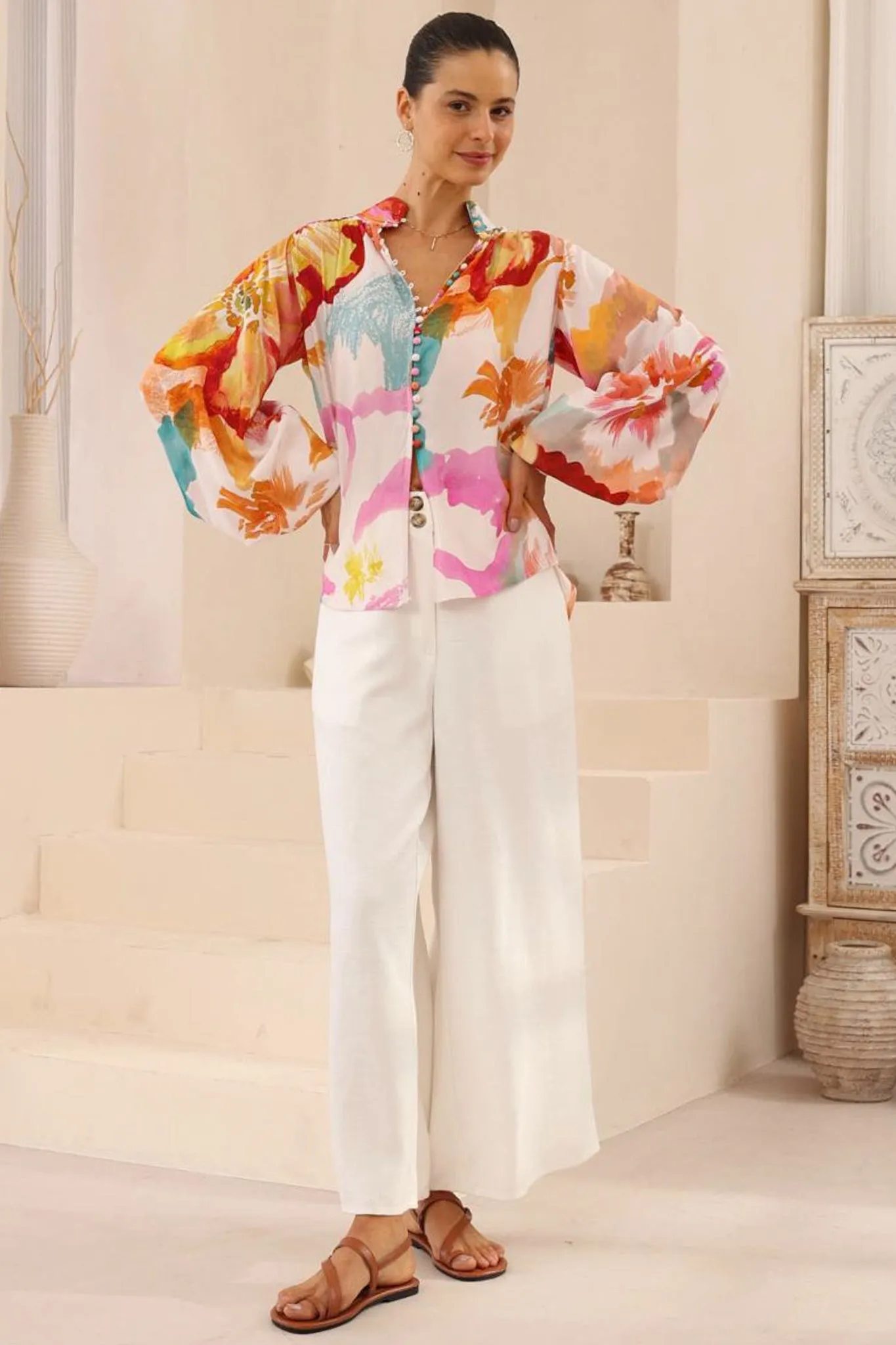 Faye Blouse - Mandarin Collar Balloon Sleeve Button Down Shirt in Millie Print sold by Salty Crush product image thumbnail 2