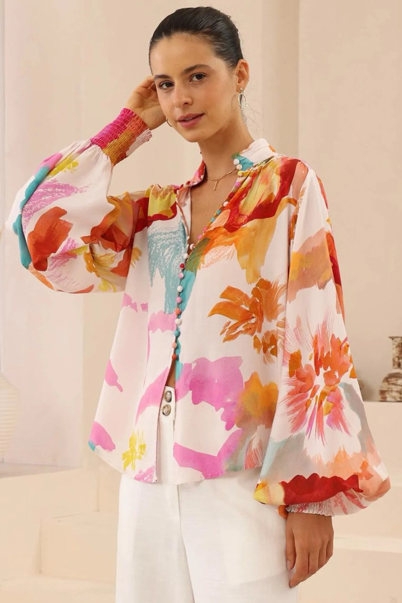 Faye Blouse - Mandarin Collar Balloon Sleeve Button Down Shirt in Millie Print sold by Salty Crush product image thumbnail 5