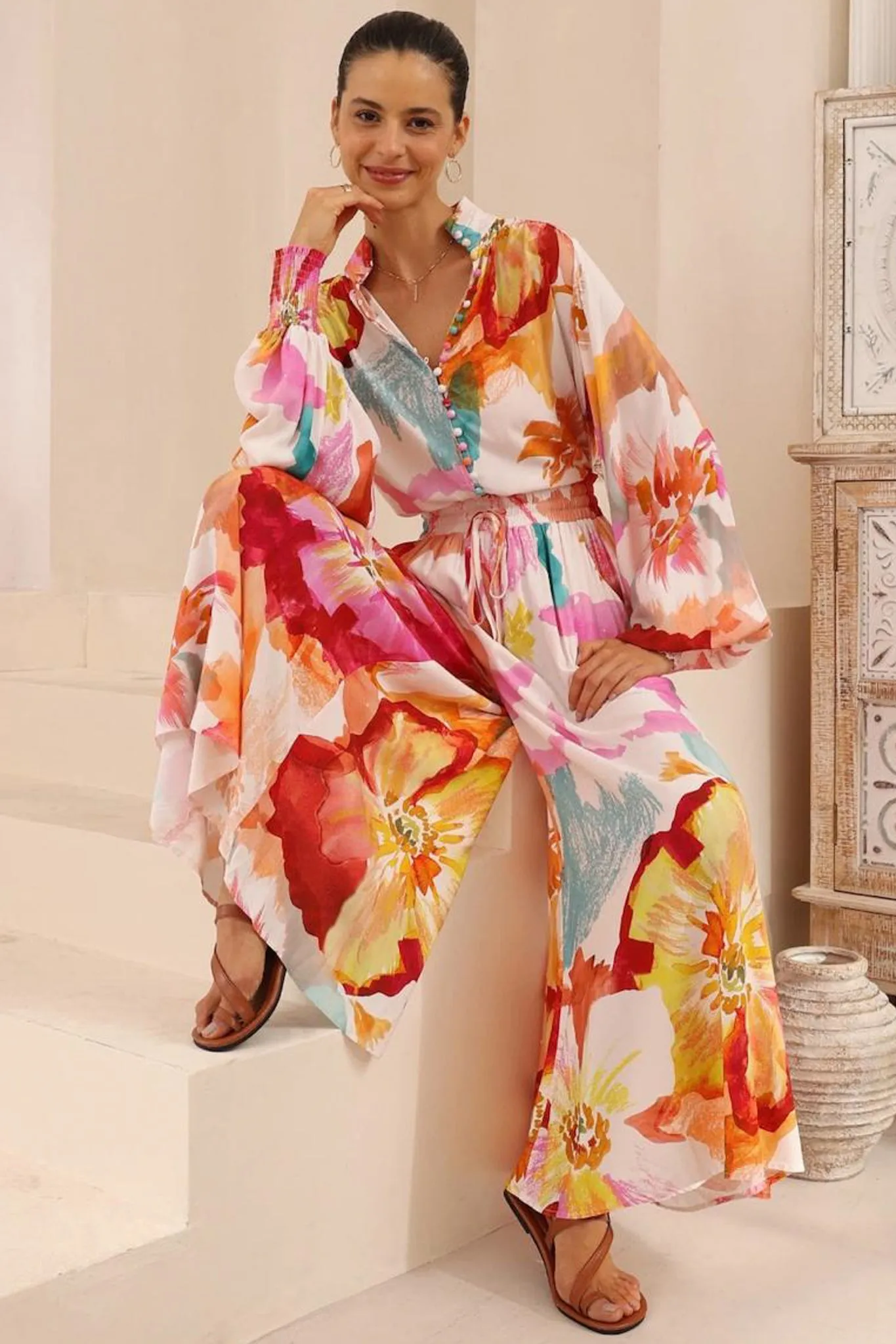 Faye Blouse - Mandarin Collar Balloon Sleeve Button Down Shirt in Millie Print sold by Salty Crush product image thumbnail 4