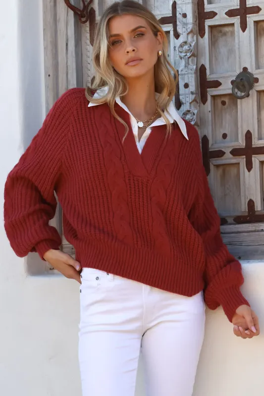 Cher Jumper - Sewn in Collar V-Neck Cable Knit Jumper in Wine sold by Salty Crush