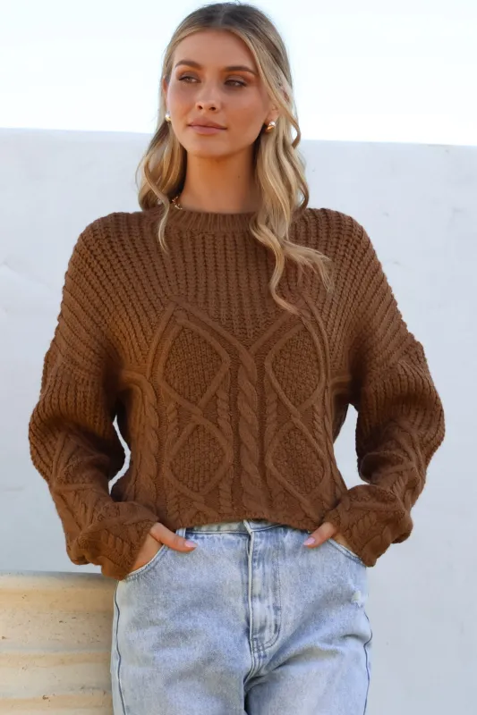 Maxton Jumper - Crew Neck Cable Knit Jumper in Coffee sold by Salty Crush