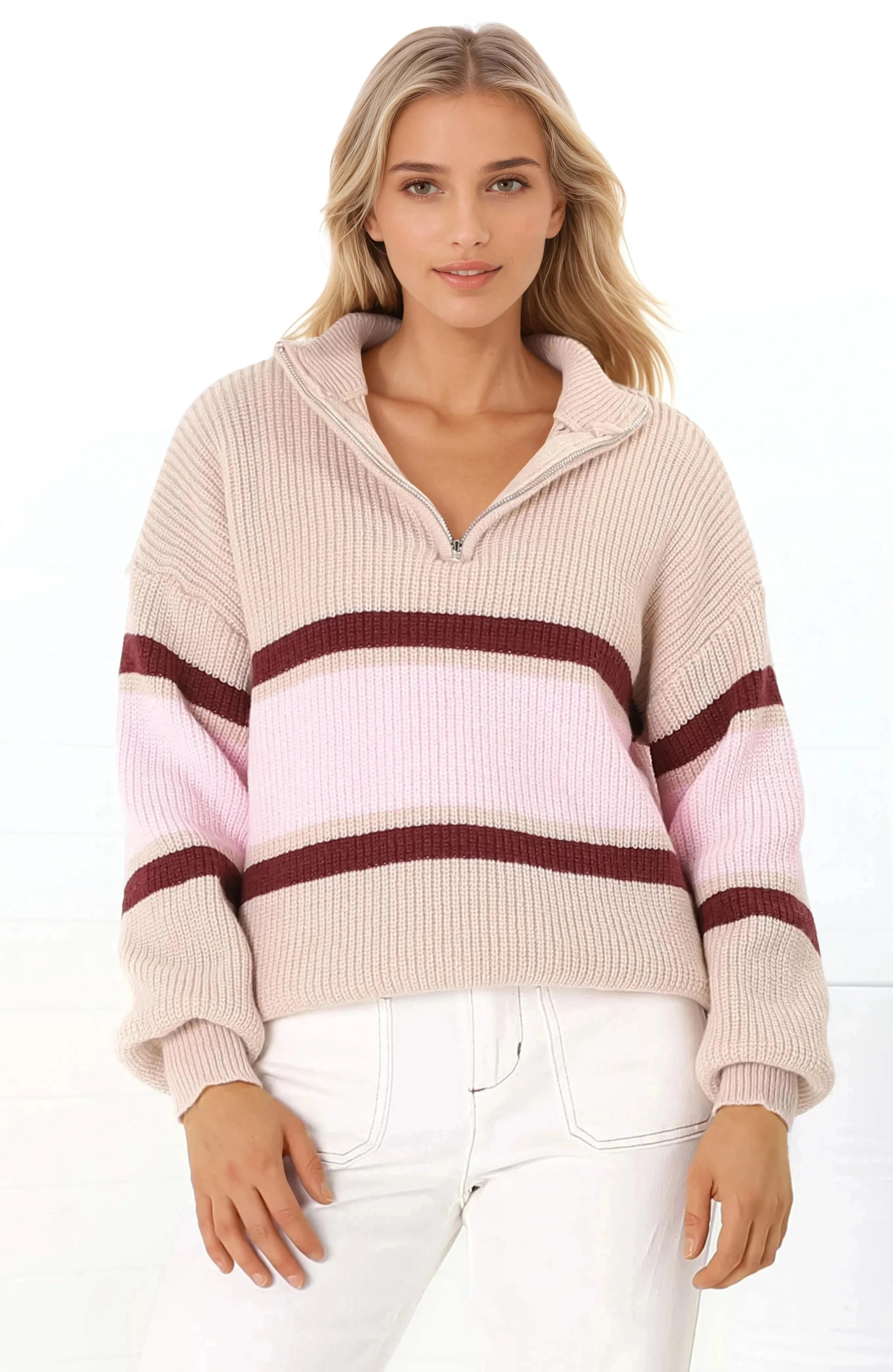Tayla Jumper - V-Neck Striped Jumper in Pink sold by Salty Crush product image thumbnail 5