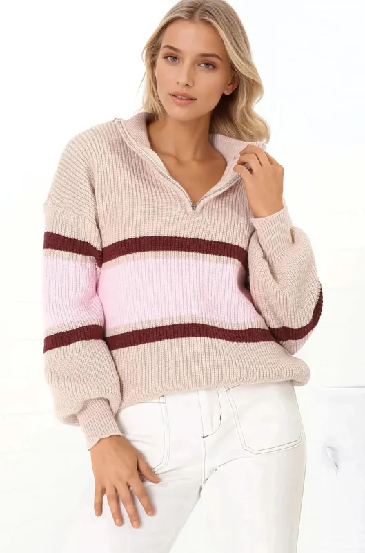 Tayla Jumper - V-Neck Striped Jumper in Pink sold by Salty Crush