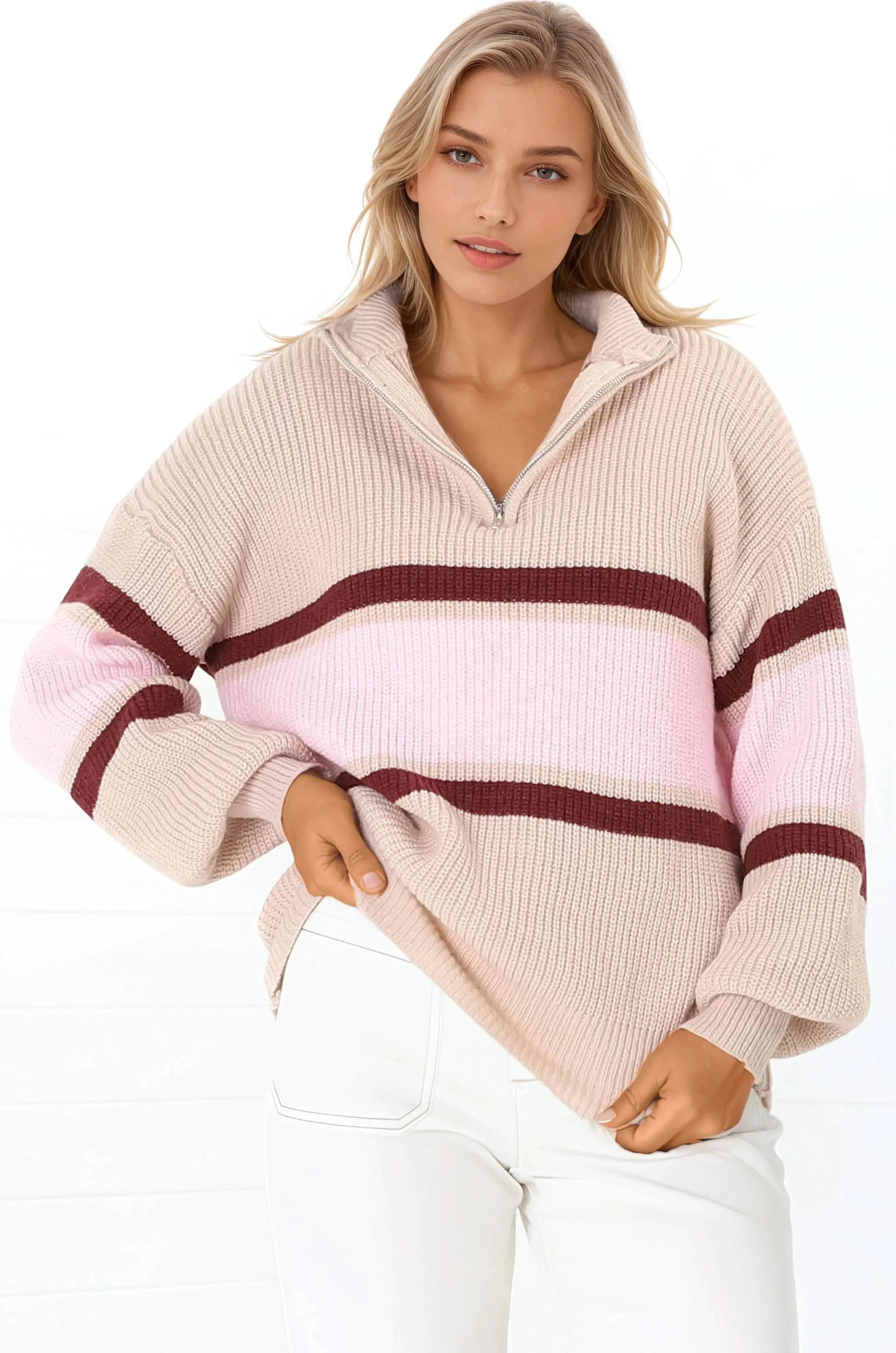 Tayla Jumper - V-Neck Striped Jumper in Pink sold by Salty Crush product image thumbnail 2
