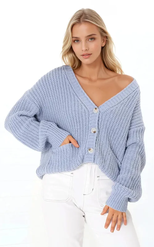 Tatie Cardigan - Open Front Knit Cardigan with Pockets in Blue sold by Salty Crush