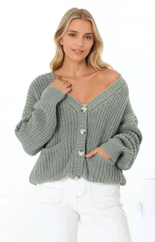 Tatie Cardigan - Open Front Knit Cardigan with Pockets in Green sold by Salty Crush
