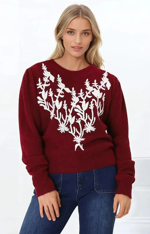 Muriel Jumper - Contrast Embroidery Crew Neck Jumper in Red sold by Salty Crush
