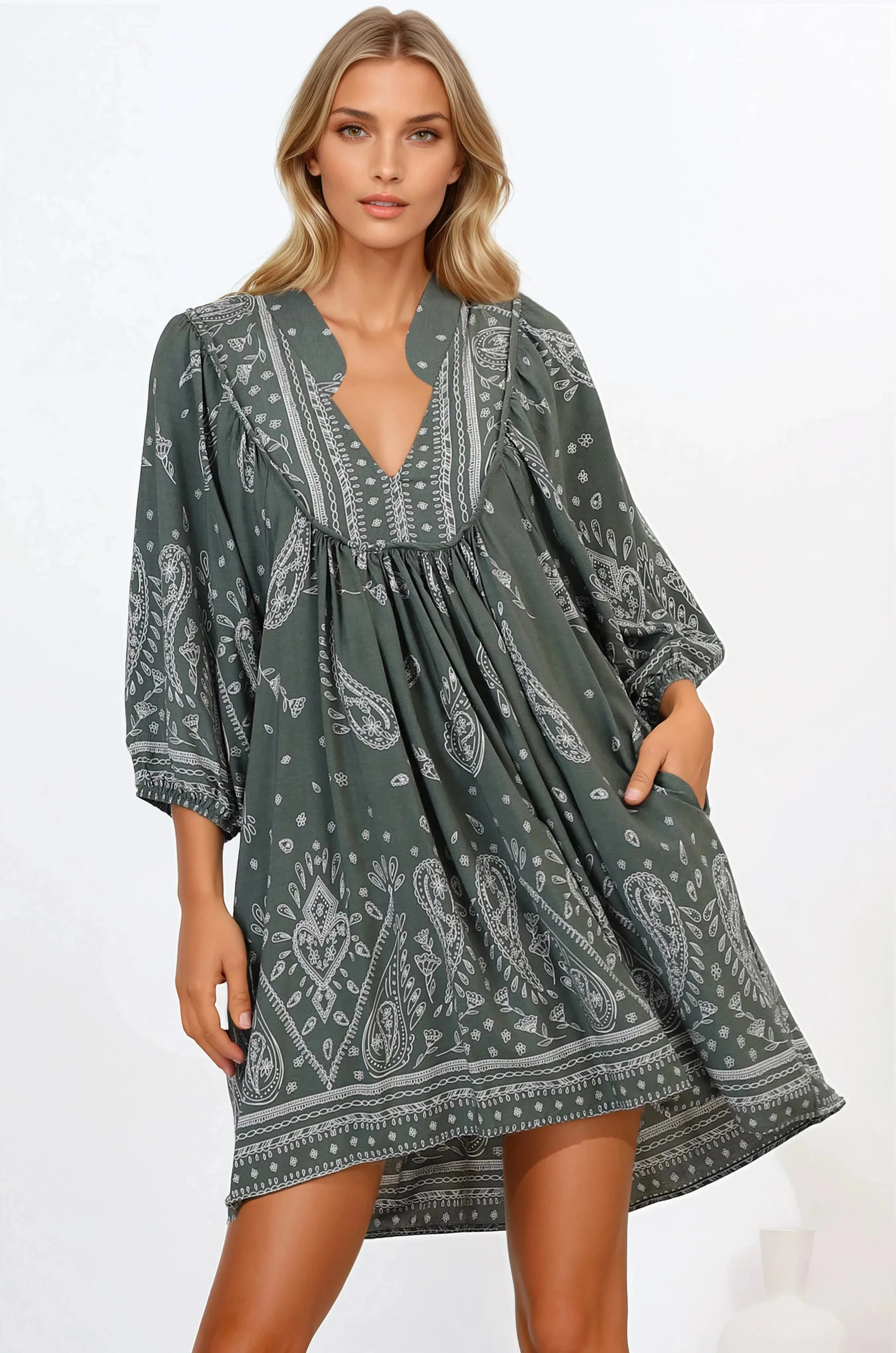 Boheme Mini Dress - Mandarin Collar Slimline Smock Dress in Constance Print sold by Salty Crush product image thumbnail 4