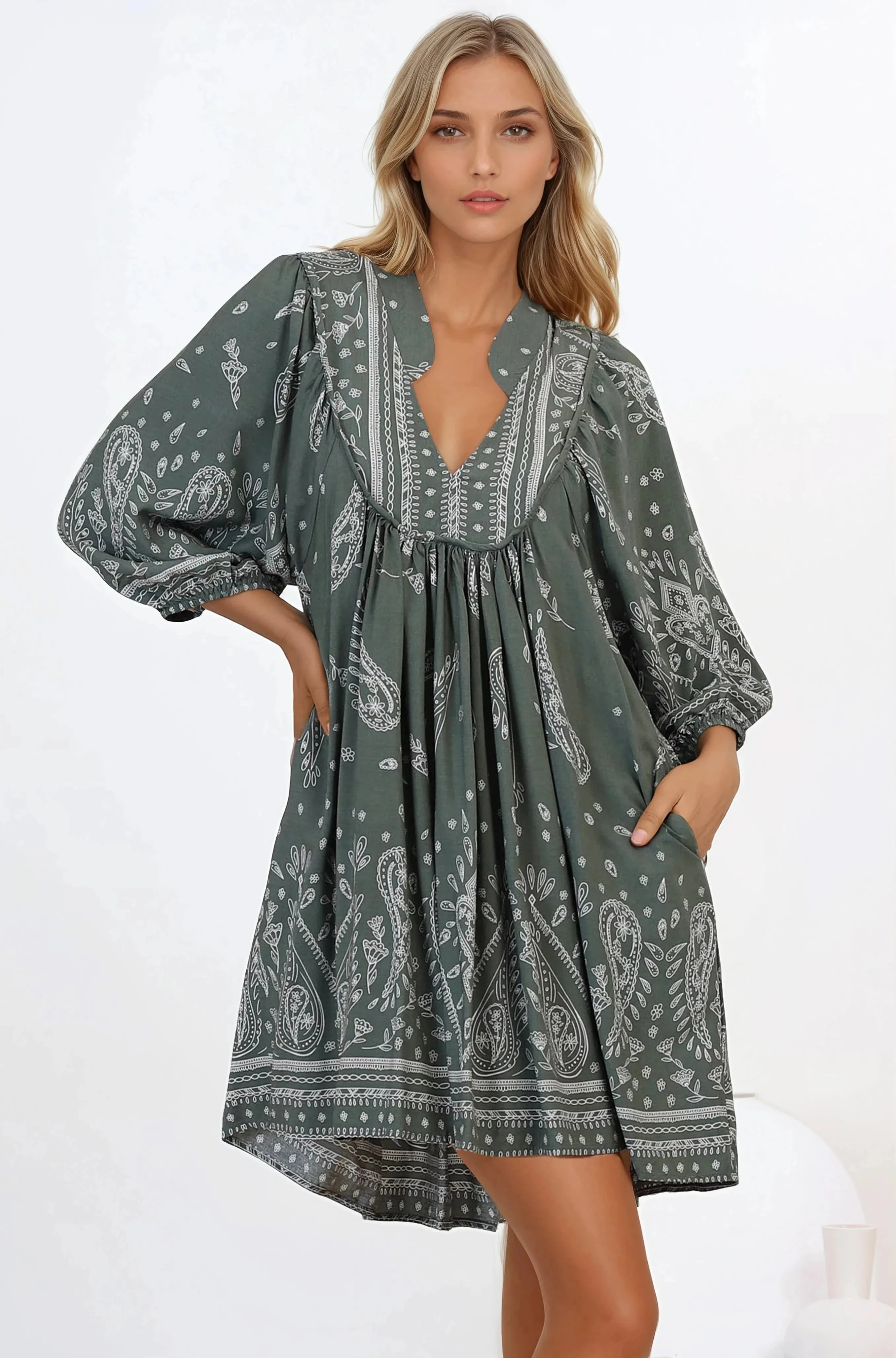 Boheme Mini Dress - Mandarin Collar Slimline Smock Dress in Constance Print sold by Salty Crush product image thumbnail 5