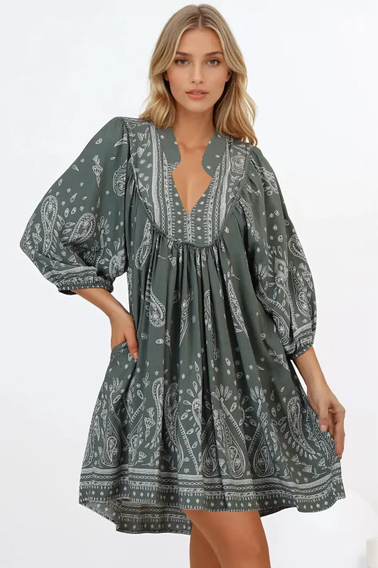 Boheme Mini Dress - Mandarin Collar Slimline Smock Dress in Constance Print sold by Salty Crush