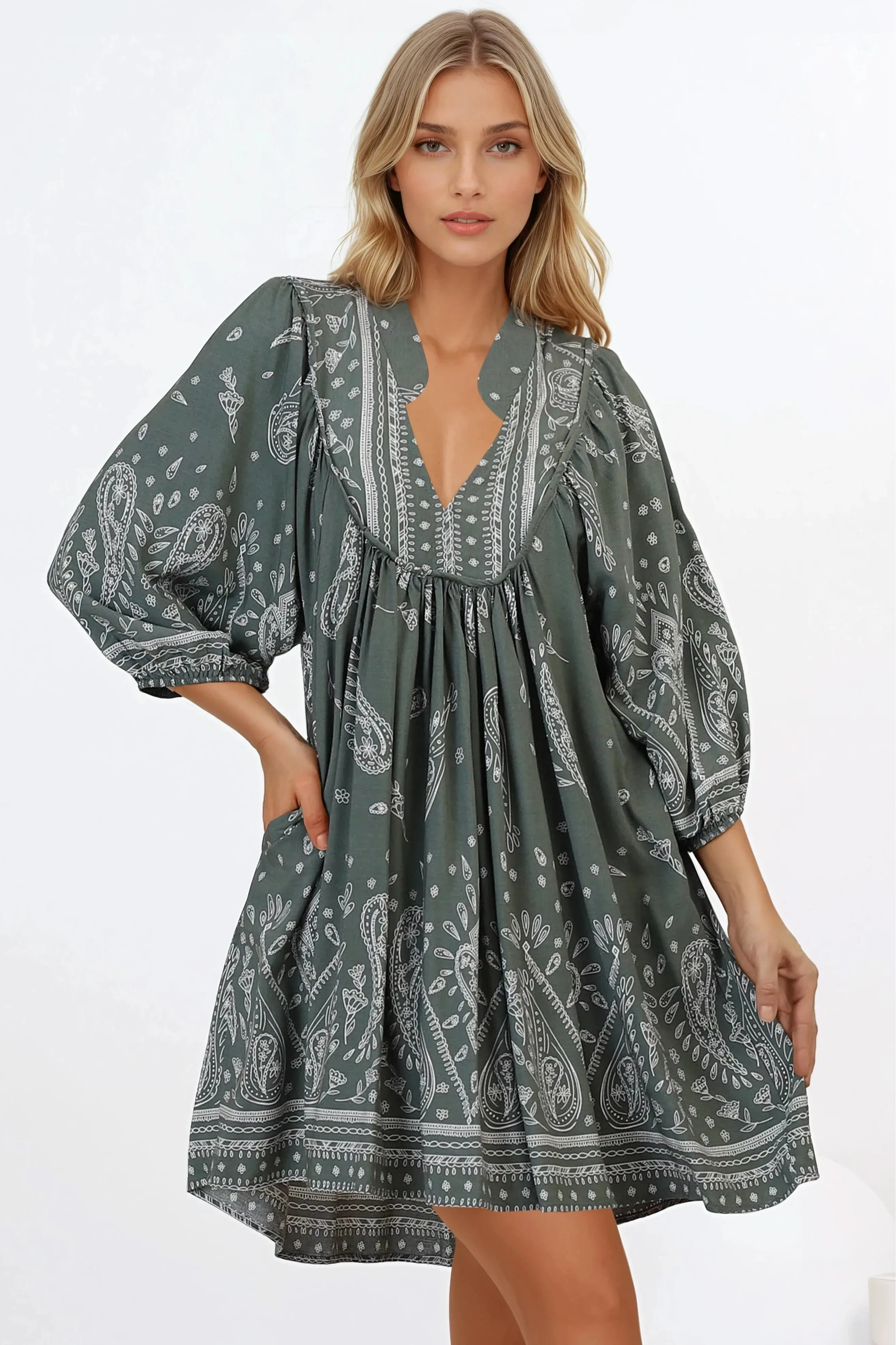 Boheme Mini Dress - Mandarin Collar Slimline Smock Dress in Constance Print sold by Salty Crush