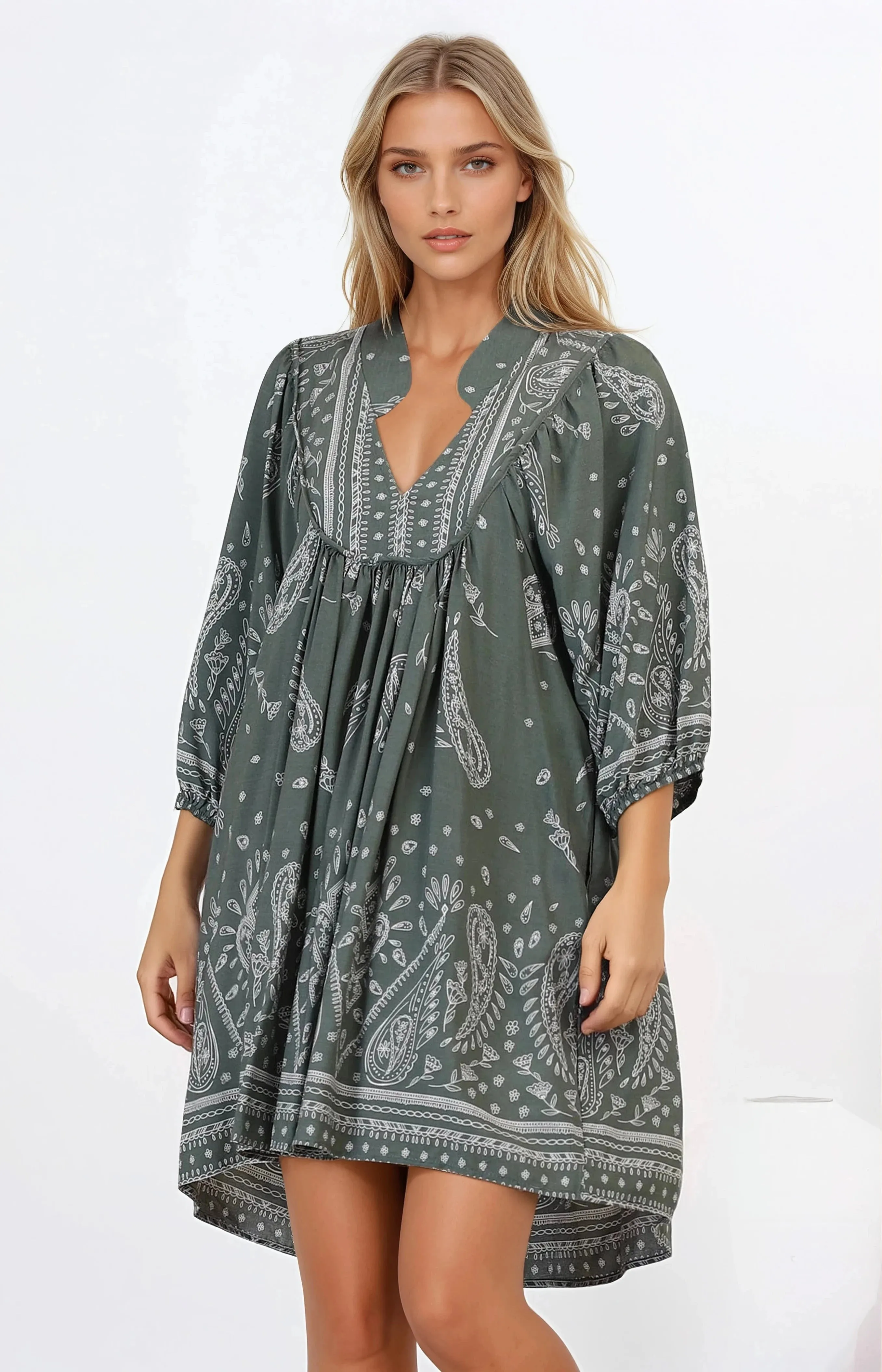 Boheme Mini Dress - Mandarin Collar Slimline Smock Dress in Constance Print sold by Salty Crush product image thumbnail 3