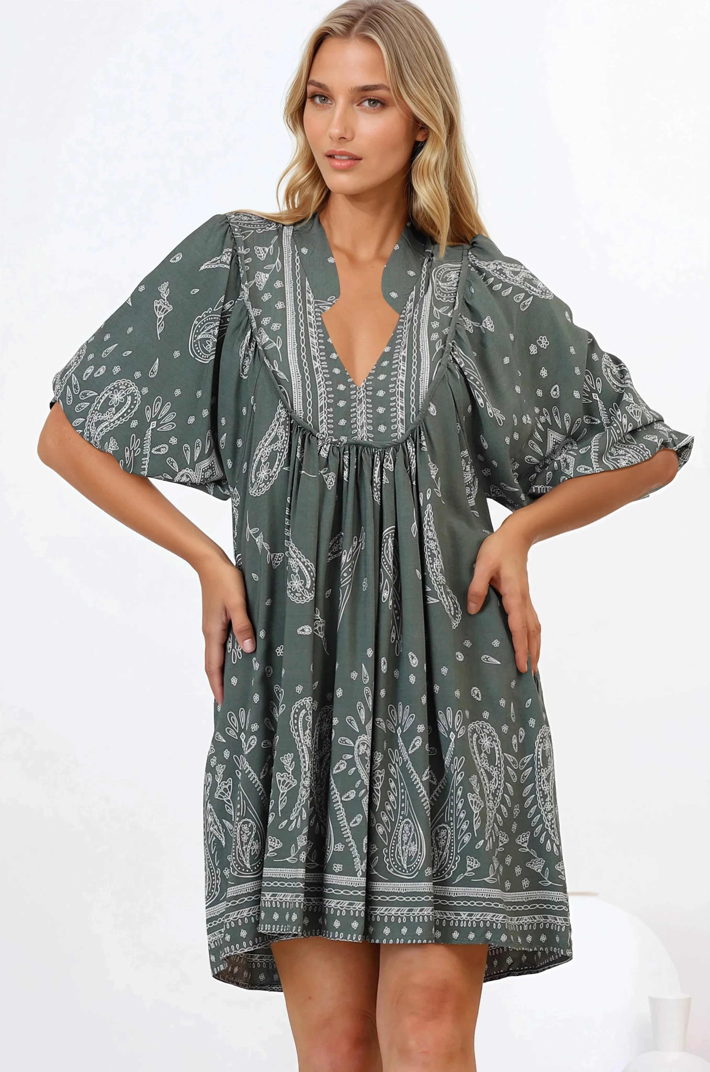 Boheme Mini Dress - Mandarin Collar Slimline Smock Dress in Constance Print sold by Salty Crush product image thumbnail 2