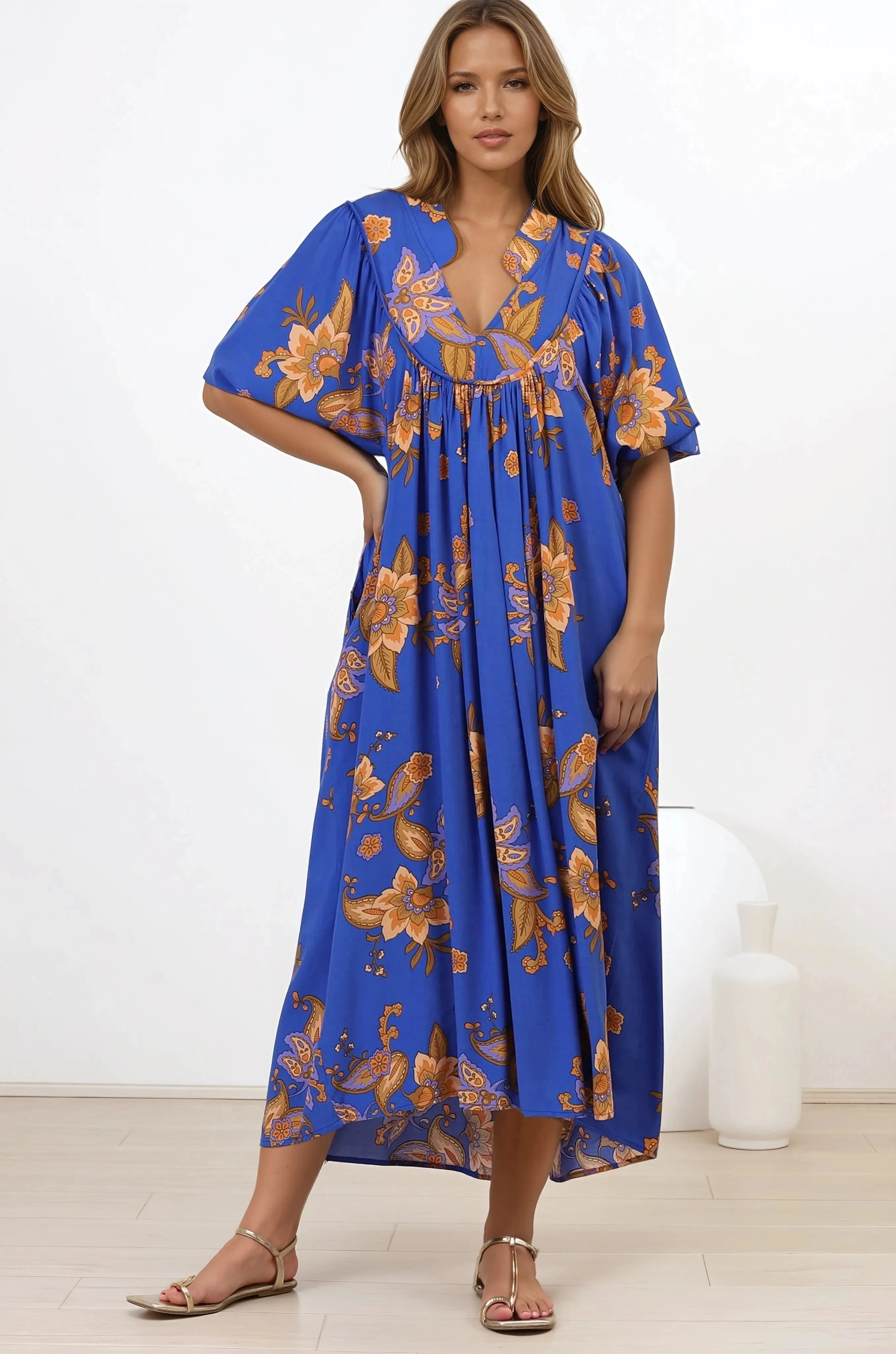 Boheme Midi Dress - Piping Defined Bust Slimline Smock Dress In Maribella Print sold by Salty Crush