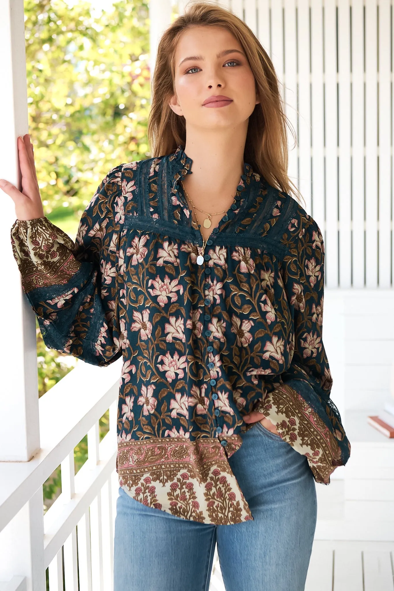 Nadia Blouse - Scoop Hem Lace Detailing Button Down in Nomade Print sold by Salty Crush