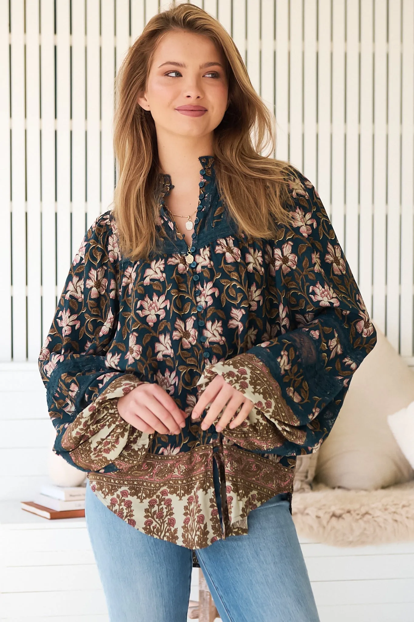 Nadia Blouse - Scoop Hem Lace Detailing Button Down in Nomade Print sold by Salty Crush product image thumbnail 5