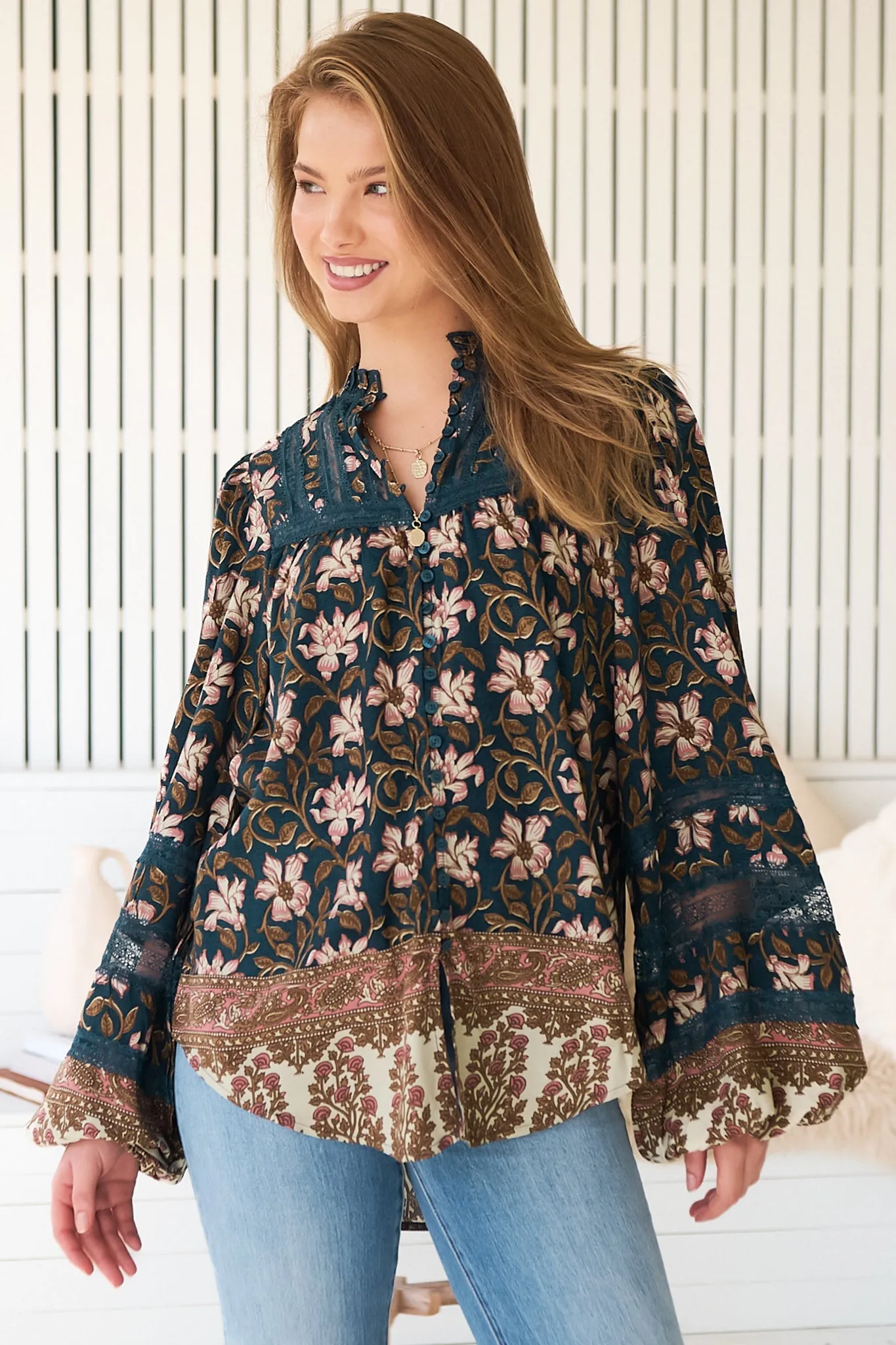 Nadia Blouse - Scoop Hem Lace Detailing Button Down in Nomade Print sold by Salty Crush product image thumbnail 3