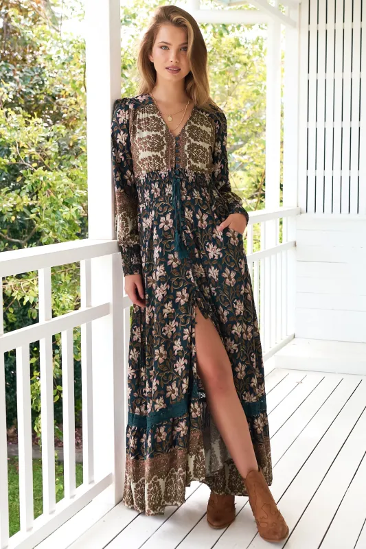 Sabrina Maxi Dress - A Line Button Through Dress with Long Sleeves in Nomade Print made by Jaase