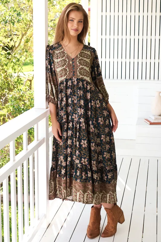 Eve Midi Dress - V Neck Tiered Dress with Optional Waist Tie in Nomade Print sold by Salty Crush