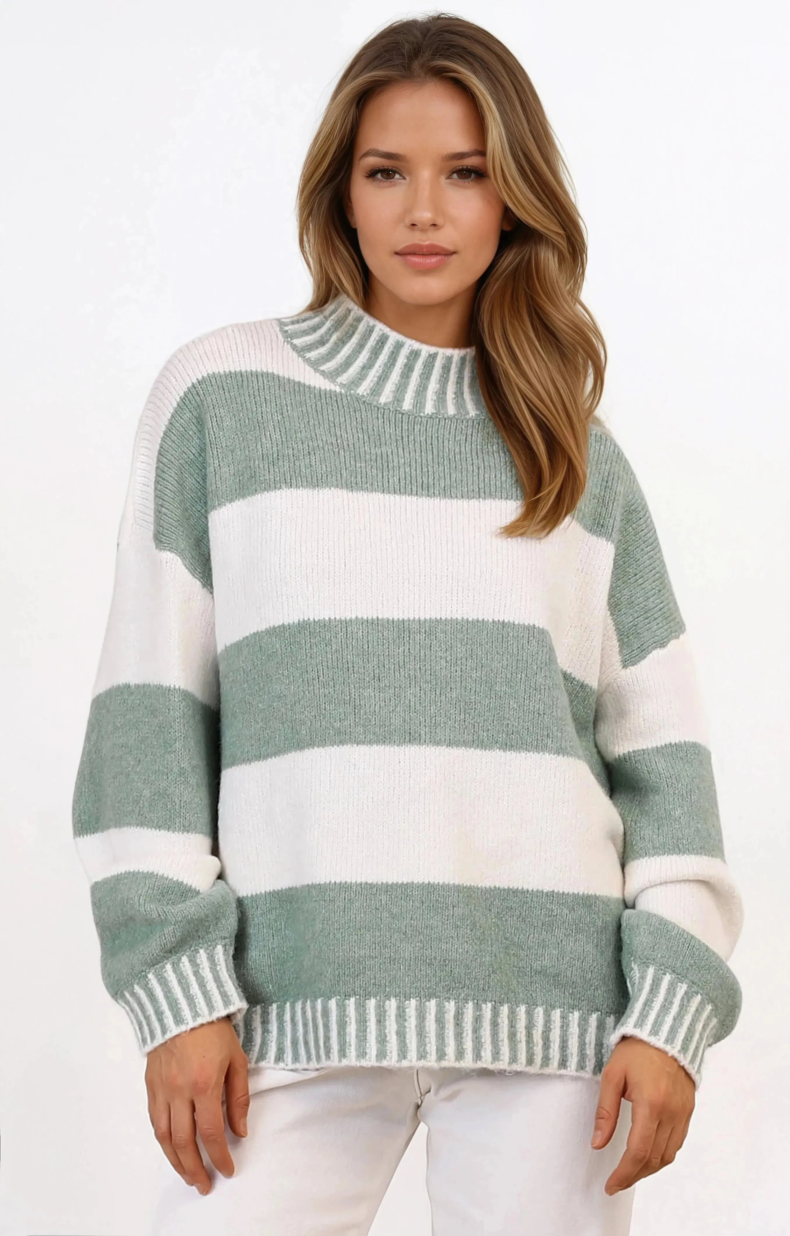 Janie Jumper - Mock Neck Striped Jumper with Contrast Stripe Hemlines in Sage sold by Salty Crush product image thumbnail 5