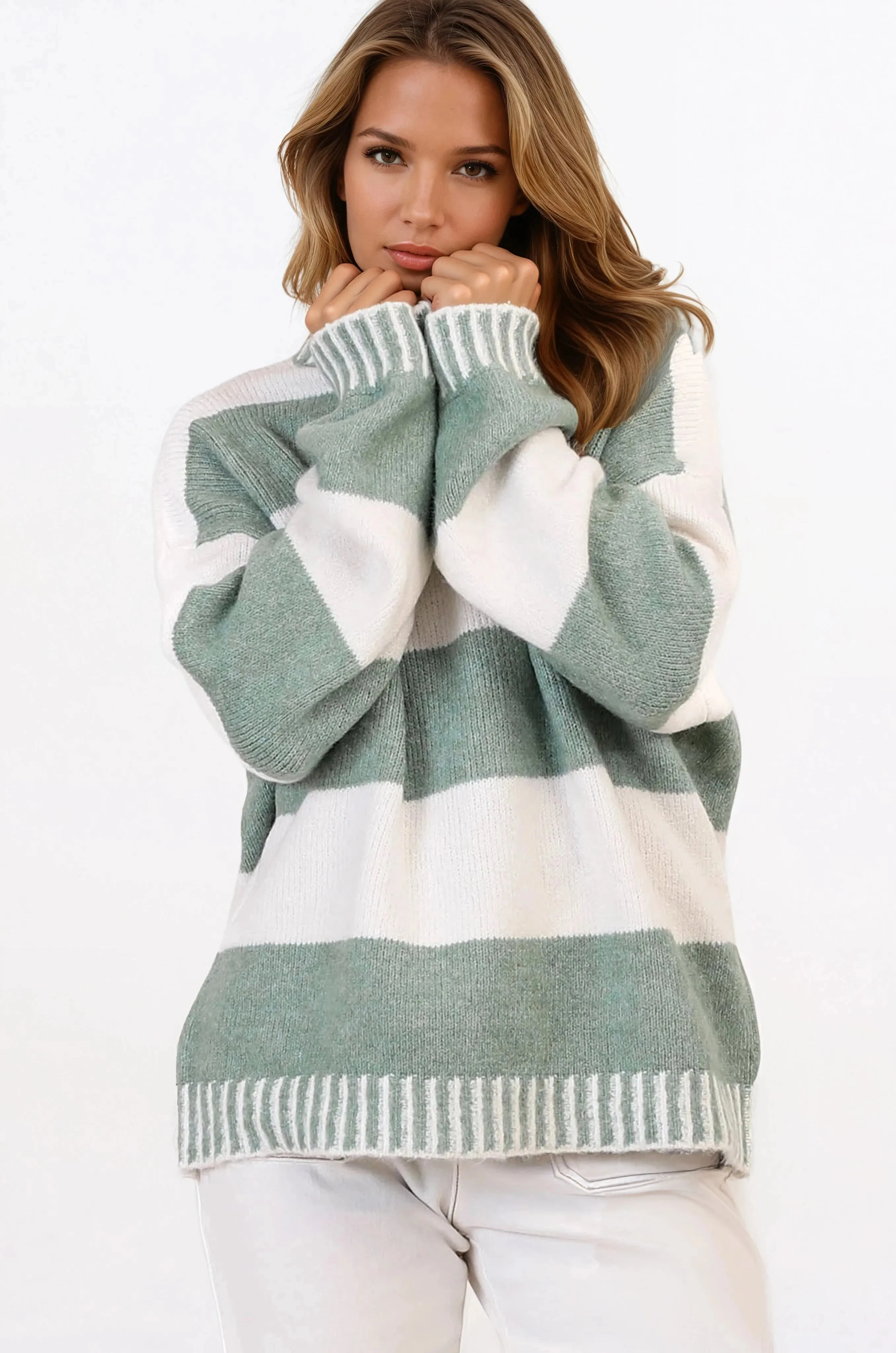 Janie Jumper - Mock Neck Striped Jumper with Contrast Stripe Hemlines in Sage sold by Salty Crush product image thumbnail 2