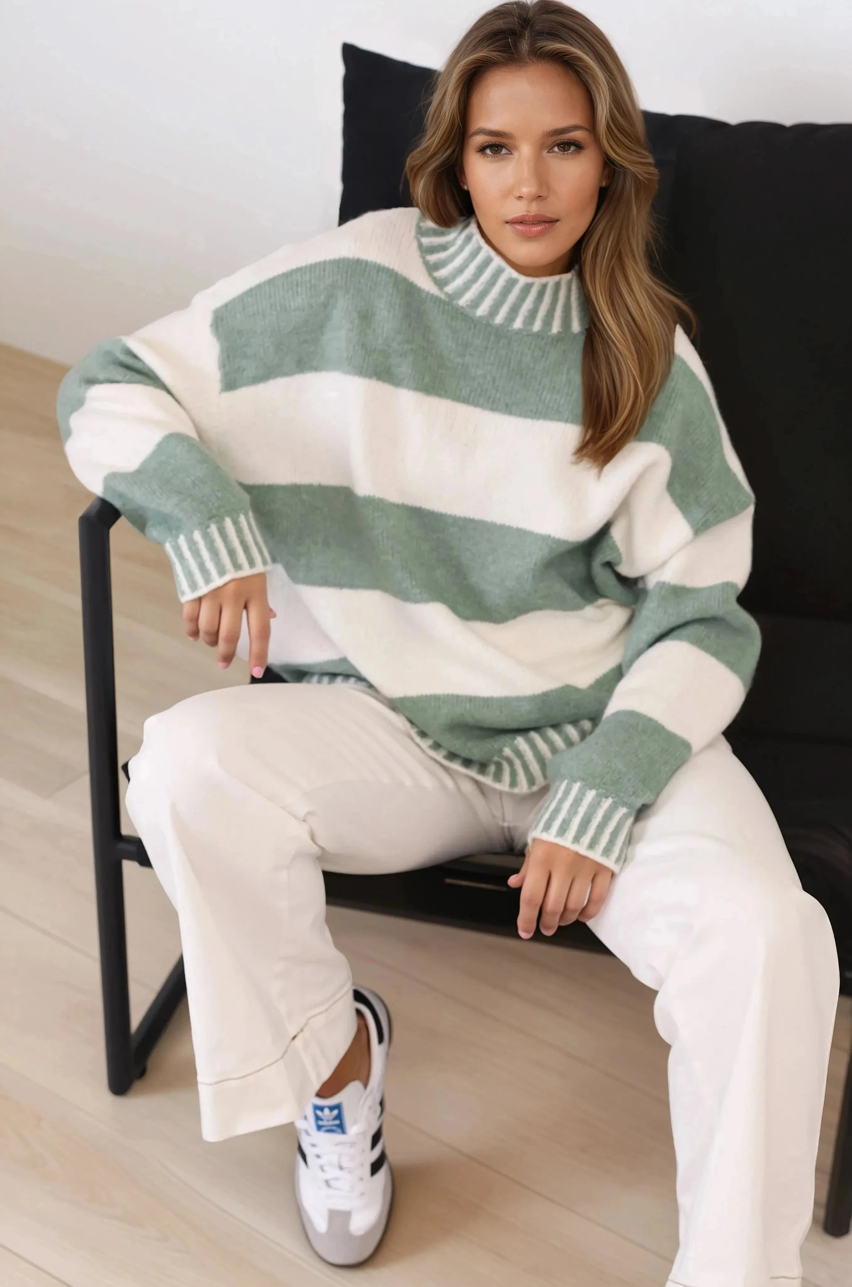 Janie Jumper - Mock Neck Striped Jumper with Contrast Stripe Hemlines in Sage sold by Salty Crush product image thumbnail 3