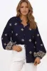 Alexi Blouse - Mandarin Collar Embroidered Button-Down Shirt in Selena Print Navy sold by Salty Crush