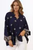 Alexi Blouse - Mandarin Collar Embroidered Button-Down Shirt in Selena Print Navy sold by Salty Crush