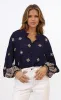 Alexi Blouse - Mandarin Collar Embroidered Button-Down Shirt in Selena Print Navy sold by Salty Crush