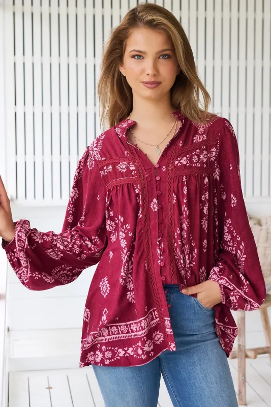 Bee Blouse: Lace Decal Button Down Long Sleeve Blouse in Rhubarb Kiva Print sold by Salty Crush