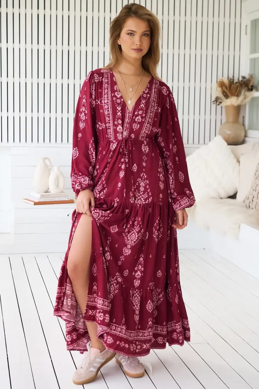 JAASE - Teresa Maxi Dress: A Line Dress with Long Balloon Sleeves in Rhubarb Kiva Print sold by Salty Crush