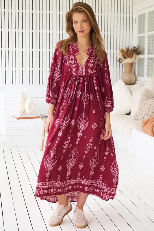 JAASE - Boheme Midi Dress: Piping Defined Bust 3/4 Sleeve Smock Dress in Rhubarb Kiva Print sold by Salty Crush