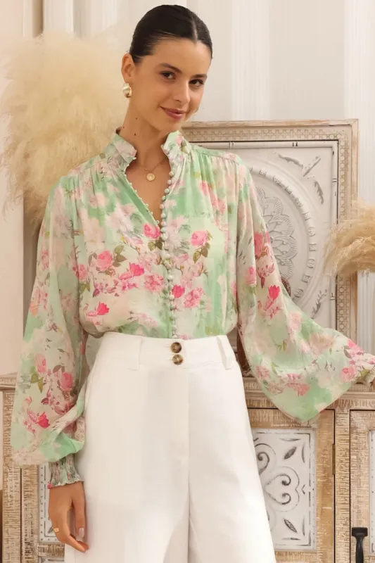 Faye Blouse - Mandarin Collar Balloon Sleeve Button Down Shirt in Rosemarie Print sold by Salty Crush