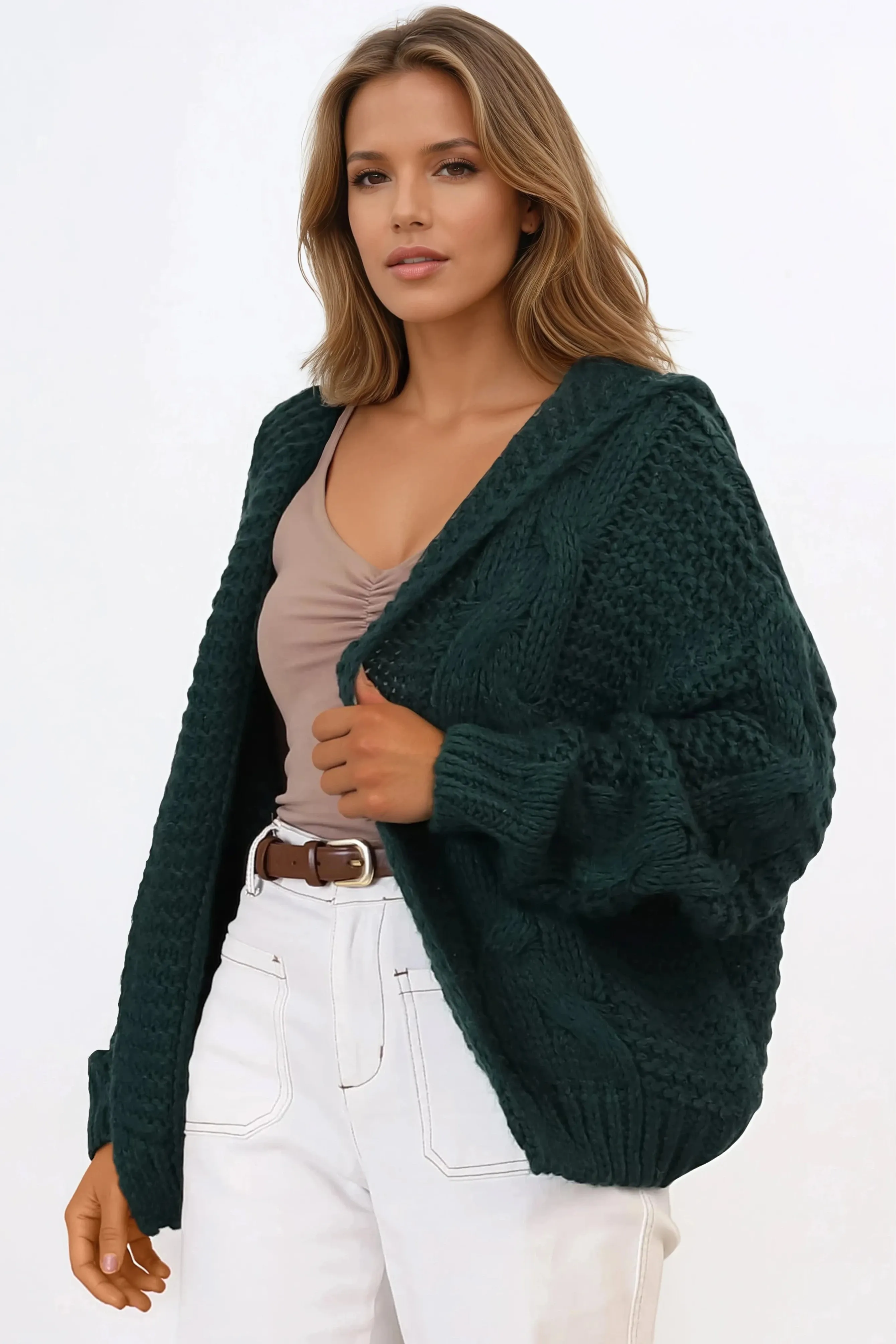 Maple Knit - Chunky Cable Knit Hooded Crop Cardigan in Dark Green sold by Salty Crush product image thumbnail 4