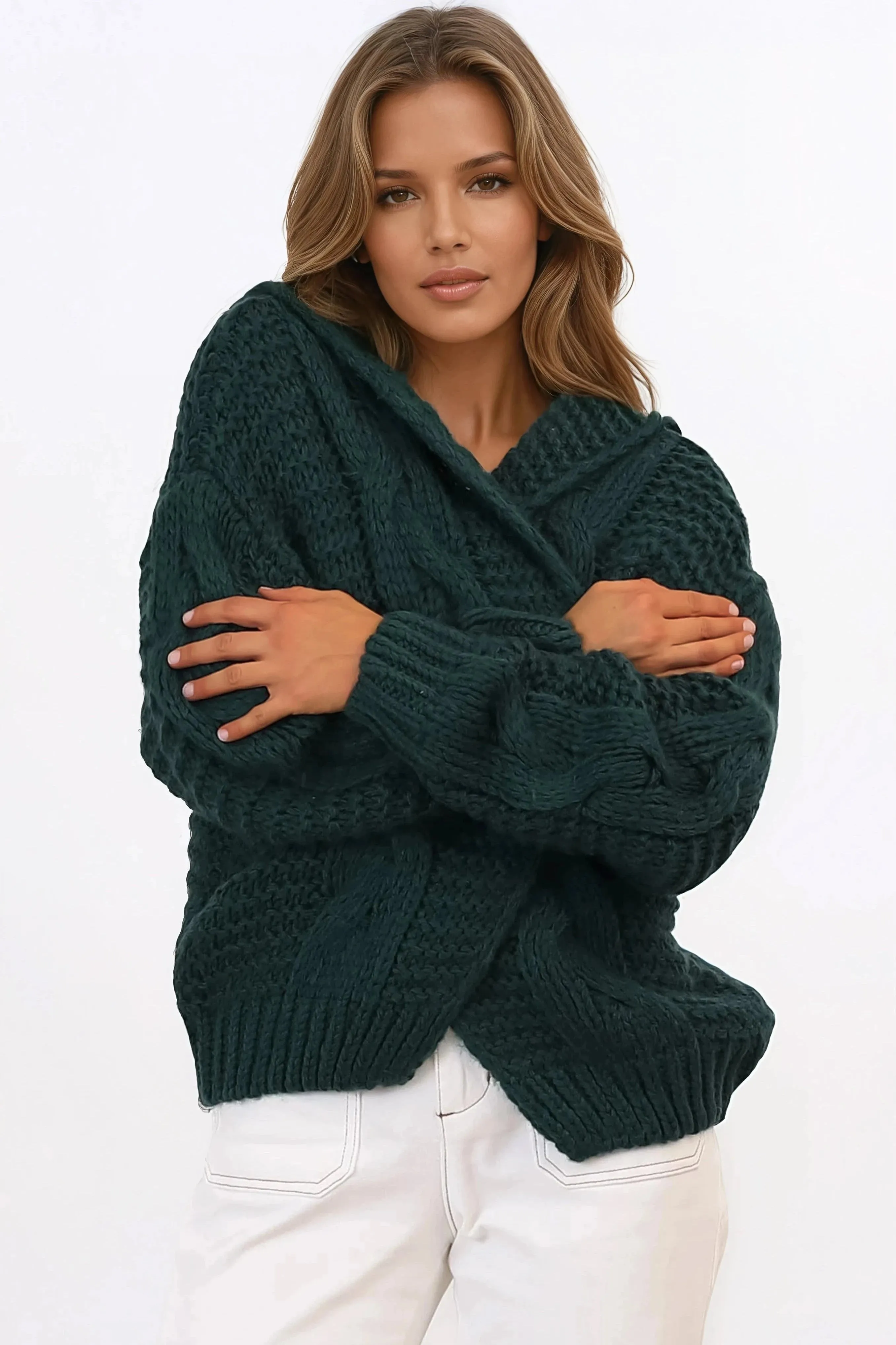 Maple Knit - Chunky Cable Knit Hooded Crop Cardigan in Dark Green sold by Salty Crush product image thumbnail 5