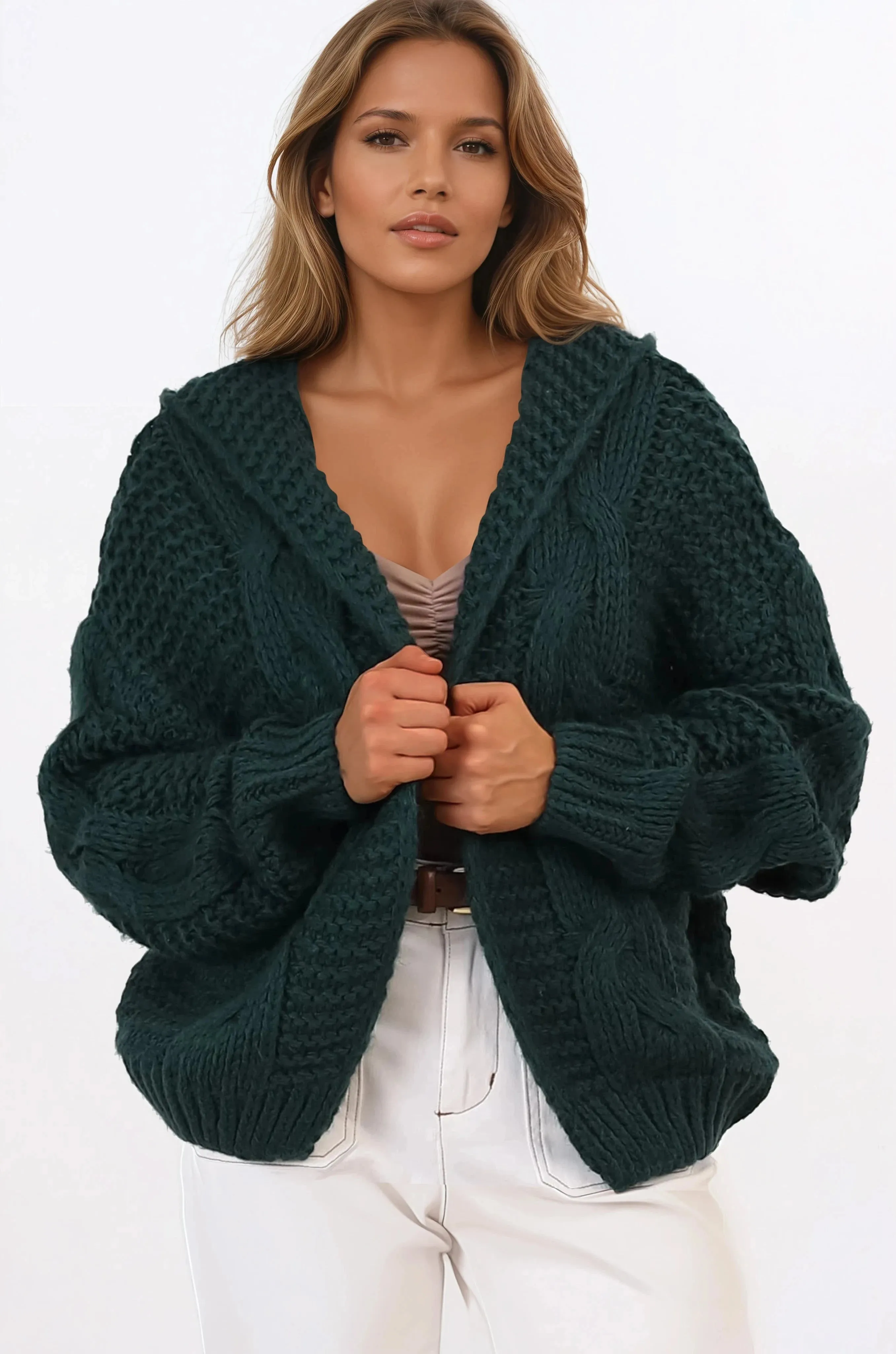 Maple Knit - Chunky Cable Knit Hooded Crop Cardigan in Dark Green sold by Salty Crush product image thumbnail 3