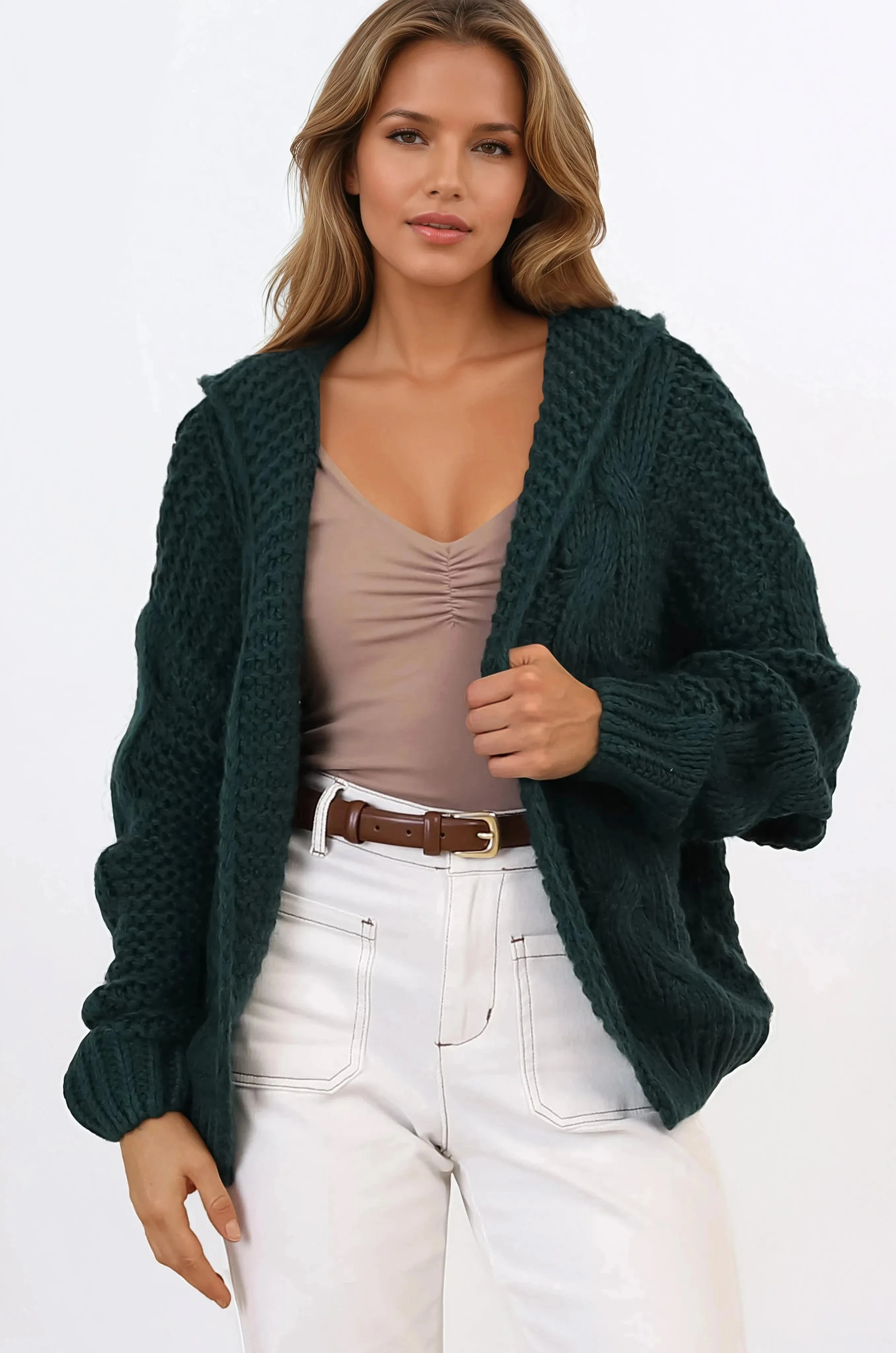 Maple Knit - Chunky Cable Knit Hooded Crop Cardigan in Dark Green sold by Salty Crush