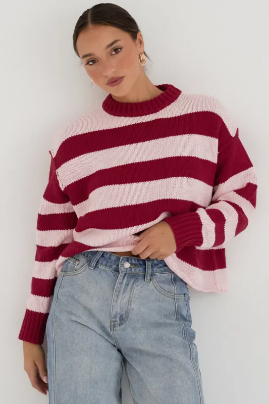 Tania Jumper - Crew Neck Stripe Balloon Sleeve Jumper in Pink/Red sold by Salty Crush