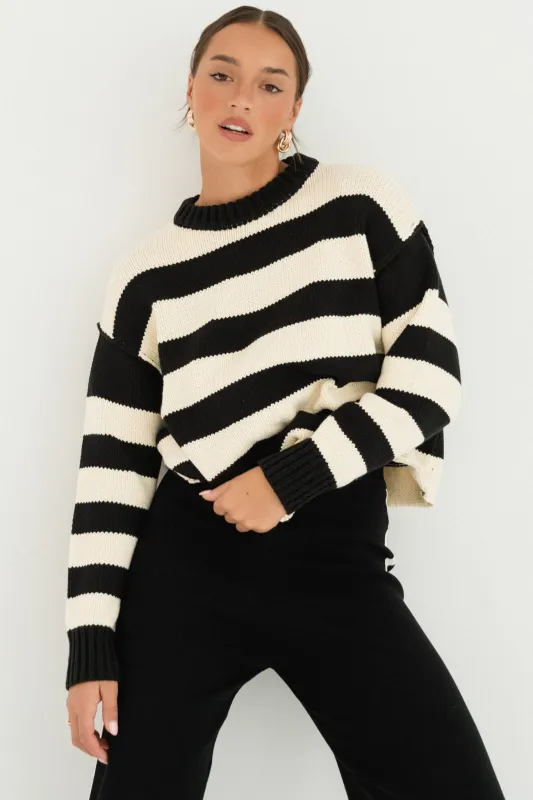 Tania Jumper - Crew Neck Stripe Balloon Sleeve Jumper in Black/Cream sold by Salty Crush